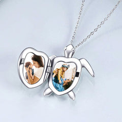 Personalisierte 925 Silber Foto Medaillon Kette – Große Schildkröte mit kleiner goldener Schildkröte, Warmes Liebevolles Geschenk für Mutter