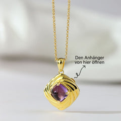 925 Silber Personalisierte Foto Medaillon Kette mit Bilder &Text – Vintage Quadratischer Anhänger mit Natürlichem Amethyst,Geschenk für Frauen