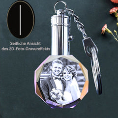 Personalisierte Kristall Schlüsselanhänger - Achteckiger Runder Anhänger mit Gravur 2D/3D-Skizzenfoto,Erinnerungs Geschenk