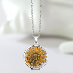 Personalisierte Foto Medaillon Kette mit Bilder &Text – Runder Anhänger mit Gold Sonnenblume und Biene, Perfekter Geschenk für Mama Frauen