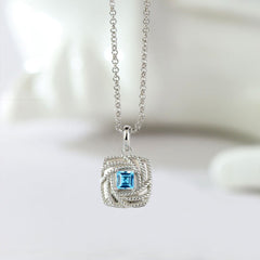 Personalisierte 925 Silber Foto Medaillon Kette – Unendlichkeits Quadratischer Anhänger mit blauem Zirkonia, Erinnerungs Geschenk für Frauen