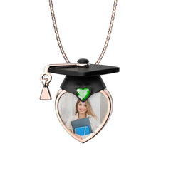 Personalisierte Abschlusskette mit Foto & Gravur– Herz Anhänger mit Doktorhut & Geburtsstein, Geschenk zur Graduation