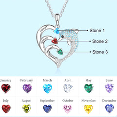 Personalisierte Geburtssteinkette mit Namensgravur – Delfin jagt Wellen Herz Anhänger, Kreative Geschenke für Familie & Team