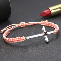 925 Silber Personalisierte Handgemachtes Geflochtenes Armband mit Bild im Stein - Sterlingsilber Kreuz Anhänger