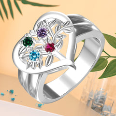 925 Silber Personalisierter Lebensbaum Herz Geburtsstein Ring mit Gravur - Familienring mit Namen, Geschenk für Mama Oma