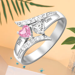 Personalisierter 925 Silber Geburtsstein Diagonaler Traumring mit Herz Ring – Namensgravur & Innengravur, perfekte Geschenk für Sie