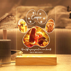 Personalisierter Beleuchteter Haustiere Bilderrahmen mit 3 Fotos & Gravur - Hundepfote Holzsockel,Gedenk Geschenke für Hunde & Katzen
