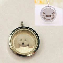 Personalisierter Hochglanz-Edelstahl-Gedenkschmuck – Rundanhänger mit Glas und Haustierfoto, mit Haaraufbewahrung