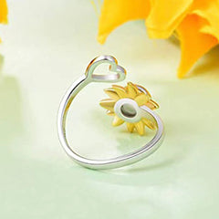 925 Silber Sonnenblumen-Sonnen Herz Fotoprojektion Ring mit Bild im Stein– Perfekte Geschenk für Sie