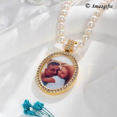 Personalisierte Perlen Kette mit Foto Bild – Ovaler Anhänger mit Zirkonia für Sie