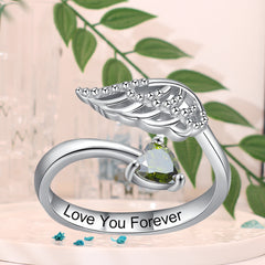 Personalisierter offener Ring mit Herz-Geburtsstein und Engelsflügel Innengravur Ring – Perfektes Geschenk für Sie zum Muttertag Jahrestag