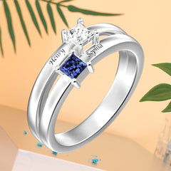 Personalisierter 925 Silber Geburtsstein Ring Doppelring mit 2 quadratischen Steinen – Name & Innengravur, perfekte Geschenk für Sie Ihn