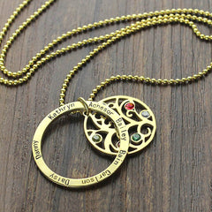 Personalisierte Lebensbaum Ring Namenskette mit Geburtssteinen – 925 Silber, Geschenk für Mama, Oma oder Teammitglieder