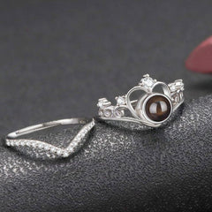 Personalisierter 925 Silber Foto Projektionsring – Herz mit Krone & Zirkonia, Gravur & Bild, Stapelbar & verstellbar