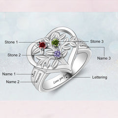 925 Silber Personalisierter Lebensbaum Herz Geburtsstein Ring mit Gravur - Familienring mit Namen, Geschenk für Mama Oma