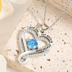 925 Silber Personalisierte Herz kette mit Geburtsstein – Unendlichkeit & Doppelherz mit Gravur „I love you, for always and for ever“