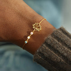 925 Silber Personalisiertes Gold Lotus Geburtsstein Armband – Geburtstag Jahrestag Geschenk für Sie