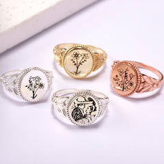 Personalisierter 925 Silber Ring mit Gravur – Sonnenblume mit Foto, Geburtsblume oder Name