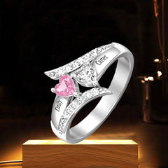 Personalisierter 925 Silber Geburtsstein Diagonaler Traumring mit Herz Ring – Namensgravur & Innengravur, perfekte Geschenk für Sie