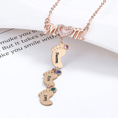 Personalisierte Namenskette mit Geburtsstein MOM & Babyfuß Anhänger– Perfekte Geschenk für Mom Oma Sie