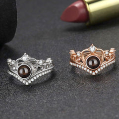 Personalisierter 925 Silber Foto Projektionsring – Herz mit Krone & Zirkonia, Gravur & Bild, Stapelbar & verstellbar