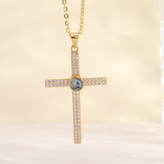 Personalisierte Silber Luxuriöse Glitzer Kreuz Kette mit Bild im Stein – Funkelndes Kreuz mit Foto Projektion