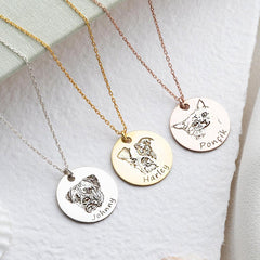 Personalisierte 925 Silber Münzhalskette mit Bild - Skizze Gravur Foto Haustier Kinderzeichnung Fingerabdruck & Name