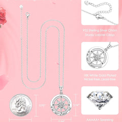 925 Silber Kompass Halskette mit Rose & Geburtsstein – Gravur „I’d be lost without you“, Geschenk zum Geburtstag & Abschluss
