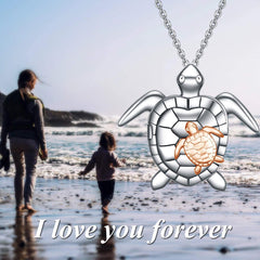 Personalisierte 925 Silber Foto Medaillon Kette – Große Schildkröte mit kleiner goldener Schildkröte, Warmes Liebevolles Geschenk für Mutter