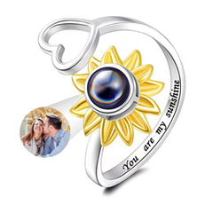 925 Silber Sonnenblumen-Sonnen Herz Fotoprojektion Ring mit Bild im Stein– Perfekte Geschenk für Sie