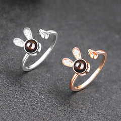 925 Silber Kaninchen Karotte Offener Ring mit Bild im Stein– Fotoprojektion Schmuck Perfekte Geschenk für Sie