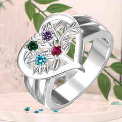925 Silber Personalisierter Lebensbaum Herz Geburtsstein Ring mit Gravur - Familienring mit Namen, Geschenk für Mama Oma