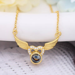 925 Silber Personalisierte Bild Kette mit Foto - Herz Engel Flügel Anhänger mit Projektion