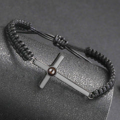 925 Silber Personalisierte Handgemachtes Geflochtenes Armband mit Bild im Stein - Sterlingsilber Kreuz Anhänger