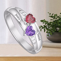 Personalisierter 925 Silber Geburtsstein Doppelter Herzring – Namensgravur & Innengravur, perfekte Geschenk für sie, um Liebe auszudrücken