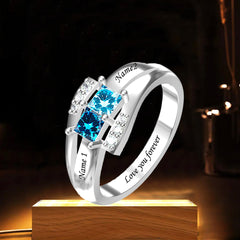 Personalisierter 925 Silber Ring mit zwei Geburtssteinen – Quadratischer Diamantring,Perfektes Geschenk für Mama oder die Liebste
