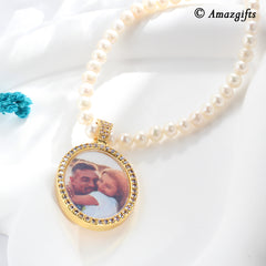 Personalisierte Perlen Kette mit Foto Bild – Ovaler Anhänger mit Zirkonia für Sie