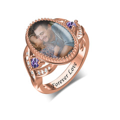Personalisierter Unendlichkeit Ovalring mit Foto & Gravur – Mit lila Zirkonia
