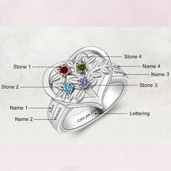 925 Silber Personalisierter Lebensbaum Herz Geburtsstein Ring mit Gravur - Familienring mit Namen, Geschenk für Mama Oma