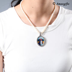 Personalisierte Perlen Kette mit Foto Bild – Ovaler Anhänger mit Zirkonia für Sie