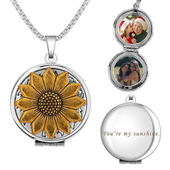 Personalisierte Foto Medaillon Kette mit Bilder &Text – Runder Anhänger mit Gold Sonnenblume und Biene, Perfekter Geschenk für Mama Frauen