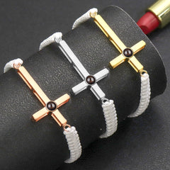 925 Silber Personalisierte Handgemachtes Geflochtenes Armband mit Bild im Stein - Sterlingsilber Kreuz Anhänger