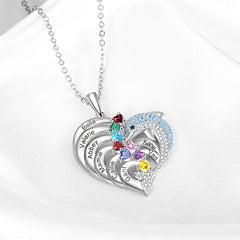 Personalisierte Geburtssteinkette mit Namensgravur – Delfin jagt Wellen Herz Anhänger, Kreative Geschenke für Familie & Team