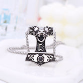 Vintage Silber Foto Projektion Halskette mit Bild im Stein für Männer - Thors Hammer mit Tiger