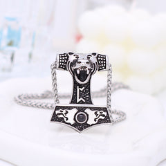 Vintage Silber Foto Projektion Halskette mit Bild im Stein für Männer - Thors Hammer mit Tiger