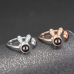 925 Silber Kaninchen Karotte Offener Ring mit Bild im Stein– Fotoprojektion Schmuck Perfekte Geschenk für Sie