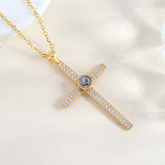 Personalisierte Silber Luxuriöse Glitzer Kreuz Kette mit Bild im Stein – Funkelndes Kreuz mit Foto Projektion