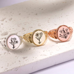 Personalisierter 925 Silber Ring mit Gravur – Sonnenblume mit Foto, Geburtsblume oder Name