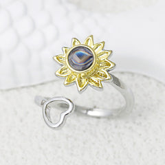 925 Silber Sonnenblumen-Sonnen Herz Fotoprojektion Ring mit Bild im Stein– Perfekte Geschenk für Sie