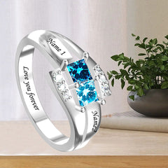 Personalisierter 925 Silber Ring mit zwei Geburtssteinen – Quadratischer Diamantring,Perfektes Geschenk für Mama oder die Liebste